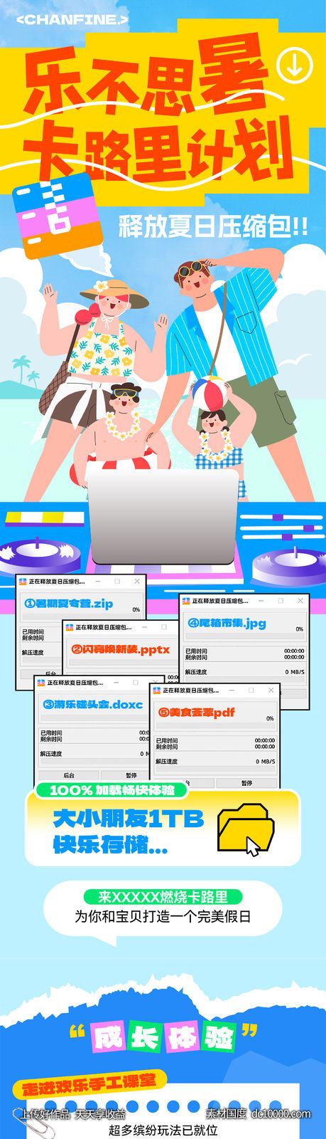 夏日出行亲子夏令营暑假解压压缩包推文长图海报-源文件-素材国度dc10000.com