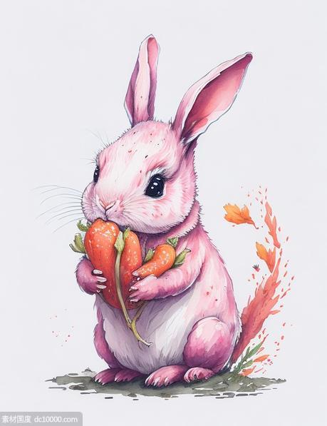 水彩飞溅艺术，手绘可爱的粉红色兔子配胡萝卜插图 - 源文件