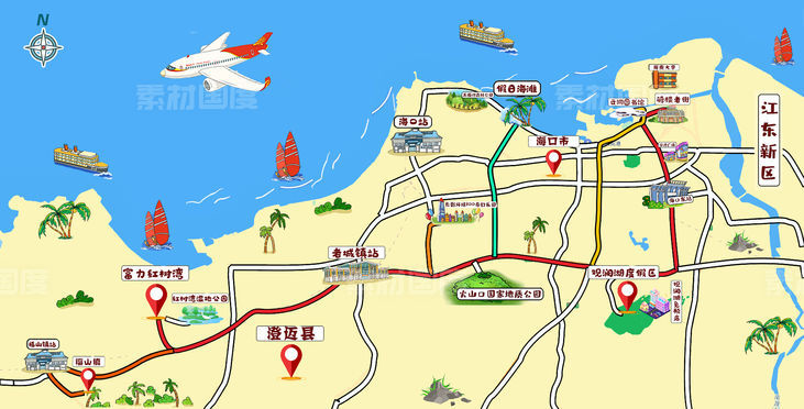 海南海口澄迈手绘旅游平面图