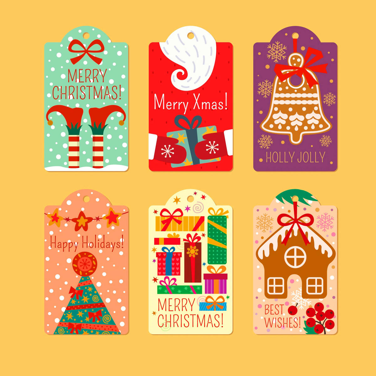 圣诞系列邀请函封面卡片吊牌卡贴插画 扁平手绘圣诞树海报铃铛