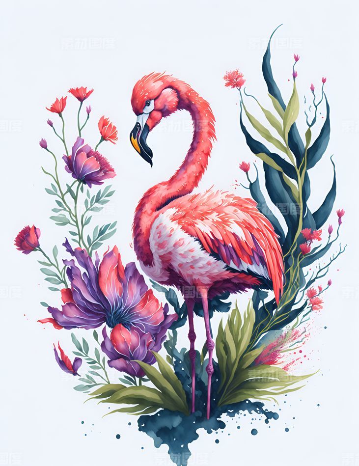 飞溅水彩画艺术，美丽的火烈鸟的插图