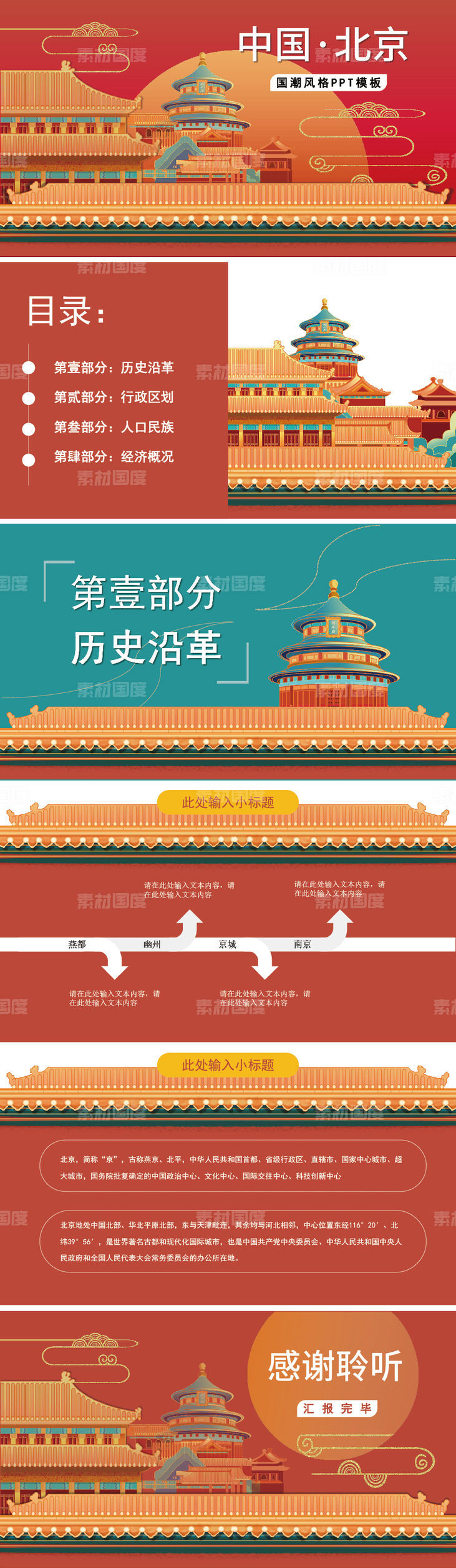 红色北京城市介绍国潮风格PPT模板