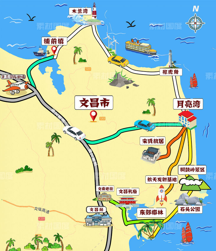 海南文昌手绘旅游平面图