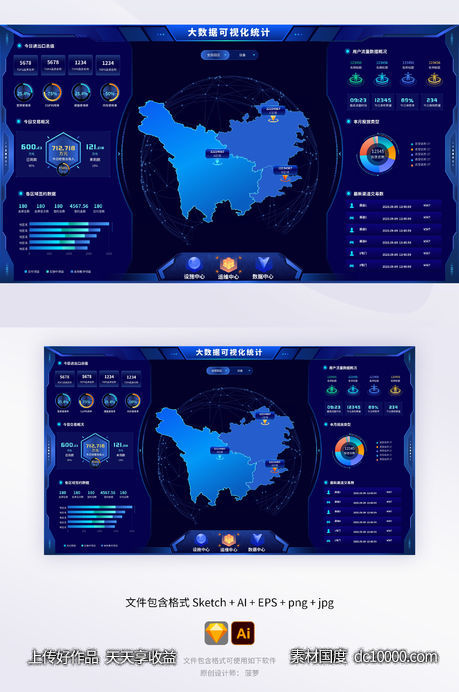 蓝色科技感地图运营大数据可视化大屏（sketch+AI） - 源文件