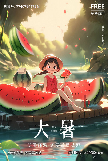 大暑 小暑 夏天 清凉 西瓜 插画 卡通 海报 处暑-源文件-素材国度dc10000.com