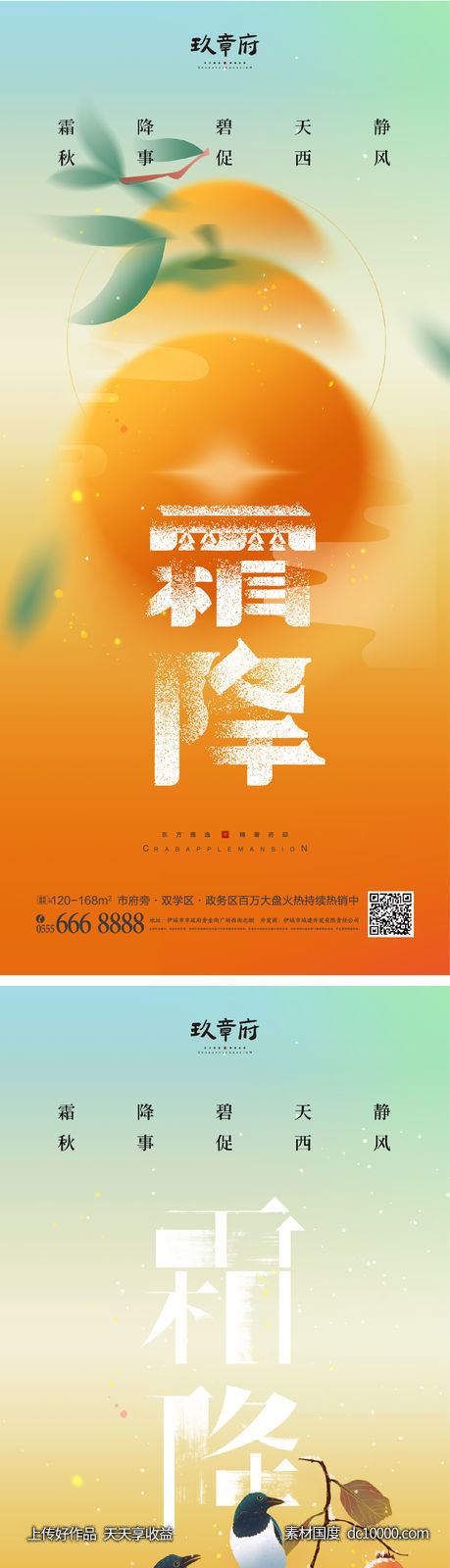 霜降 弥散 柿子 树枝 鸟 文字-源文件-素材国度dc10000.com