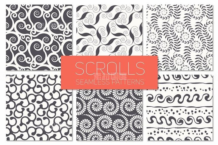 无缝图案背景纹理 Scrolls. Seamless Patterns Set