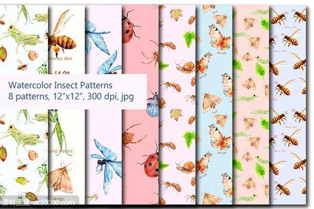 水彩昆虫图案背景纹理 Watercolor Insects Pattern - 源文件