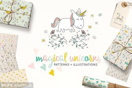 童话独角兽图案背景纹理 Fairytale Unicorn Patterns - 源文件