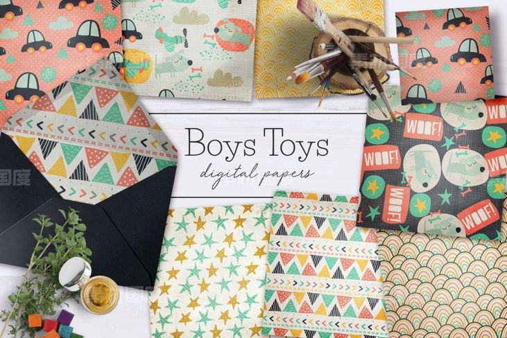 男童玩具图案素材 Boys Toys Digital Papers