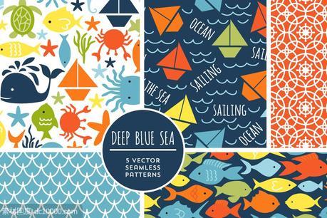 可爱的深蓝色花纹背景纹理 Cute Deep Blue Sea Patterns - 源文件