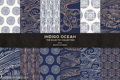 日式烫金海洋背景纹理 Indigo Ocean of Gold Japanese Waves - 源文件
