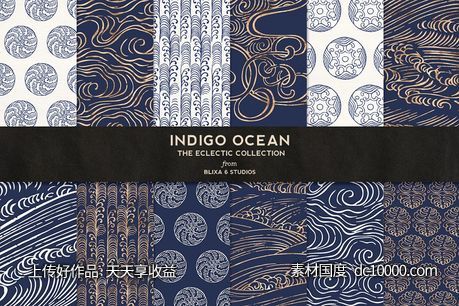 日式烫金海洋背景纹理 Indigo Ocean of Gold Japanese Waves-源文件-素材国度dc10000.com