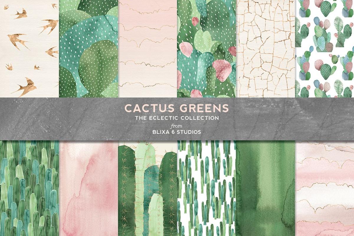 仙人掌绿色水彩图形 Cactus Greens Watercolor Graphics
