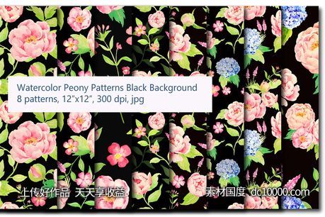 花卉图案背景纹理 Peach Peony Hydrangea Black Pattern-源文件-素材国度dc10000.com