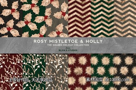 烫金圣诞背景纹理 Mistletoe  Holly Christmas Gold-源文件-素材国度dc10000.com