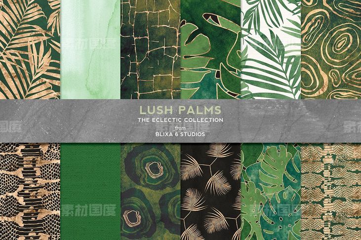 绿色烫金背景纹理 Lush Palms Green  Golden Graphics