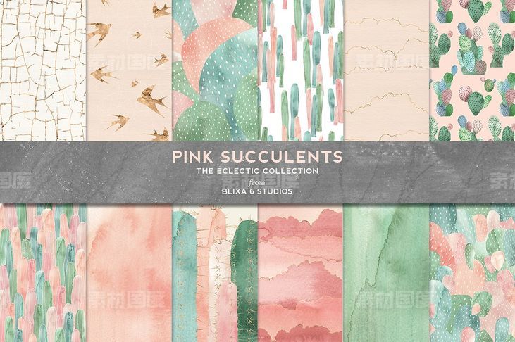 烫金粉红多肉水彩背景纹理 Pink Succulents in Watercolor  Gold