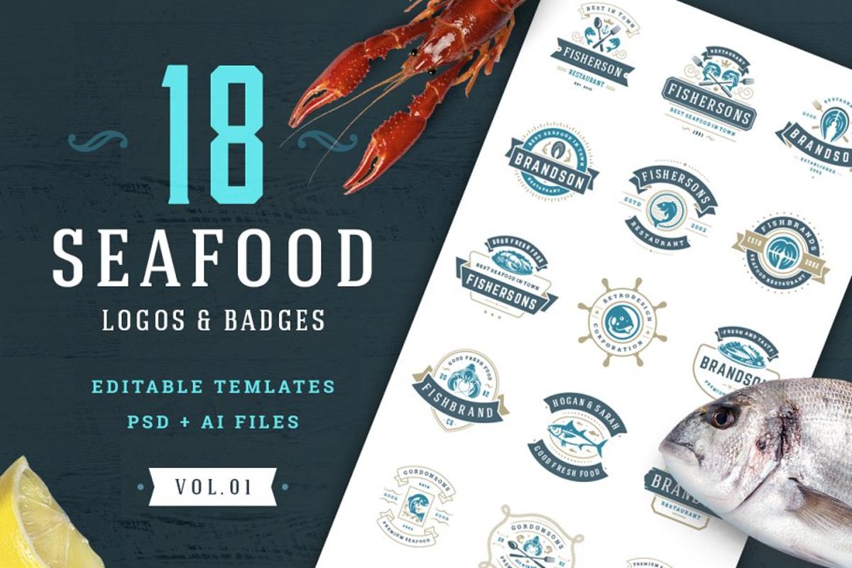 海鲜logo设计模板 18 Seafood Logos  Badges