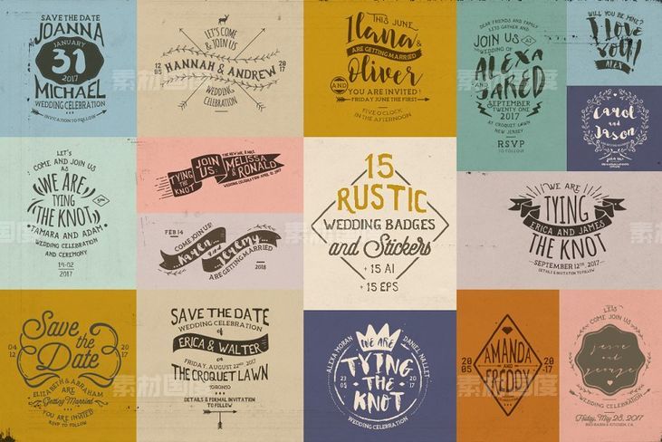 经典logo设计纹理 15 Rustic Wedding Badges  Stickers