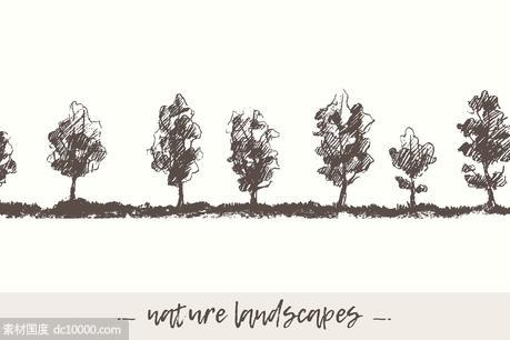 手绘自然景观素描剪贴画 Hand drawn nature landscapes - 源文件