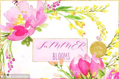 桃红色水彩花卉剪贴画 Hot pink blooms Premium watercolors - 源文件