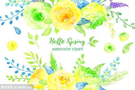 您好春天水彩花卉剪贴画 Watercolor Clipart Hello Spring - 源文件