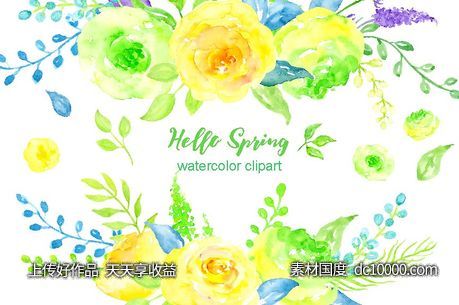 您好春天水彩花卉剪贴画 Watercolor Clipart Hello Spring - 源文件