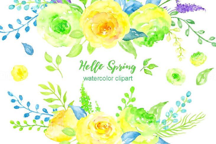 您好春天水彩花卉剪贴画 Watercolor Clipart Hello Spring