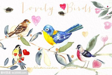 可爱彩色小鸟水彩剪贴画 Lovely birds Watercolor clipart - 源文件