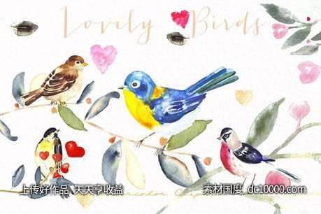 可爱彩色小鸟水彩剪贴画 Lovely birds Watercolor clipart-源文件-素材国度dc10000.com