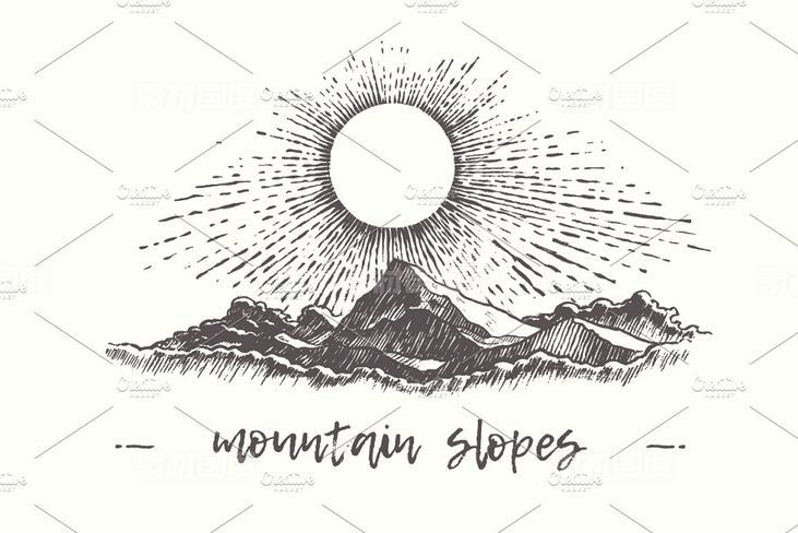 太阳与山脉素描矢量图形 Illustration of mountain slopes