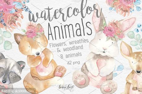 水彩动物和花卉剪贴画 Watercolor Animals Flowers Clipart - 源文件