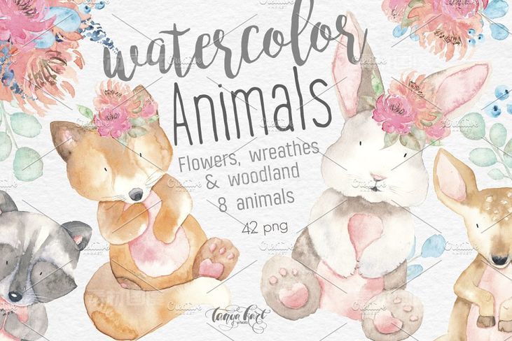 水彩动物和花卉剪贴画 Watercolor Animals Flowers Clipart
