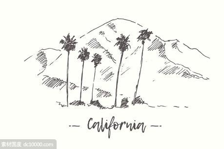 钢笔素描加利福尼亚山脉景观 Set of California landscapes - 源文件