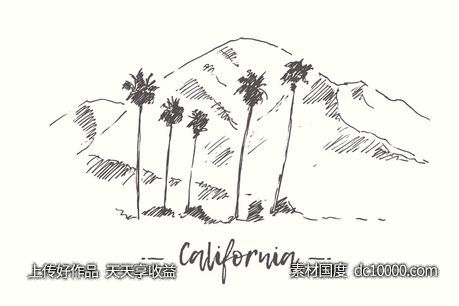 钢笔素描加利福尼亚山脉景观 Set of California landscapes - 源文件