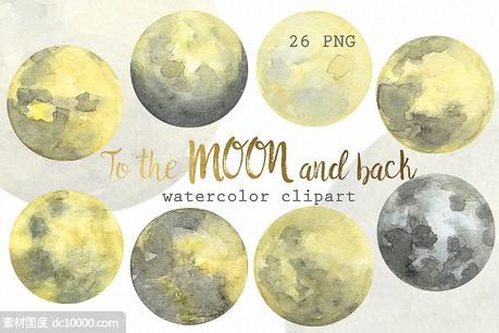 月相相位水彩剪贴画 Moon Phases  Watercolor - 源文件