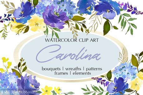 皇家蓝色水彩花卉剪贴画 Royal Blue Watercolor Floral Clipart - 源文件