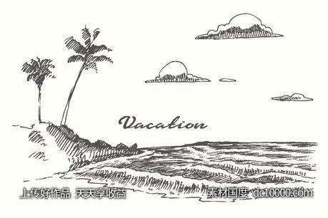 海边日落素描矢量图形 Set of sketches of seaside views-源文件-素材国度dc10000.com