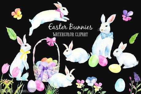 复活节兔子水彩剪贴画 Watercolor Easter Bunny - 源文件