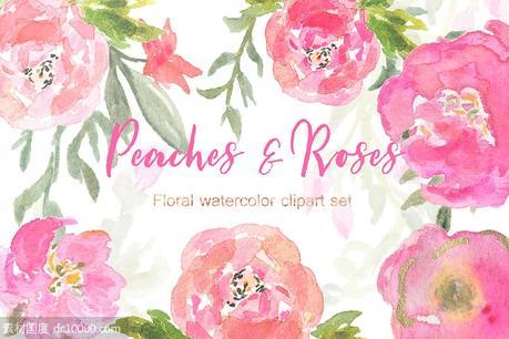 桃色和金色玫瑰水彩剪贴画 Peaches Roses and gold watercolor - 源文件