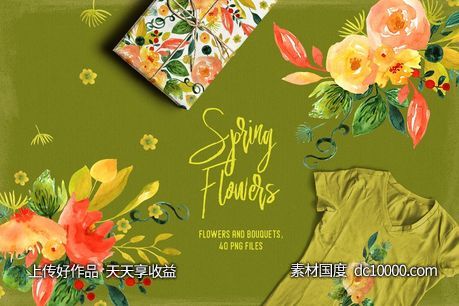 春天花卉水彩剪贴画 Spring Flowers-源文件-素材国度dc10000.com