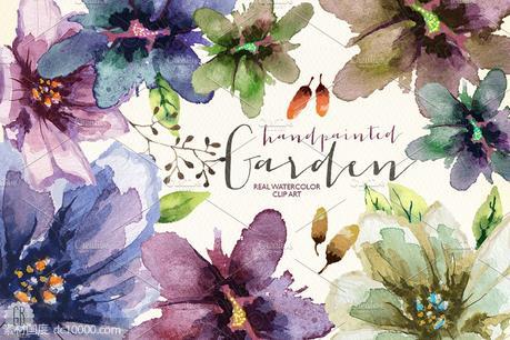 色彩丰富的水彩花园花卉剪贴画 Aquarelle watercolor garden flowers - 源文件