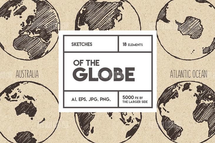 地球七大洲四大洋素描图形 Sketches of the globe