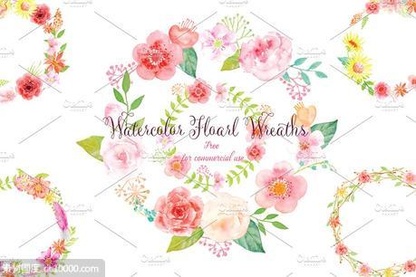 粉色水彩花环花卉剪贴画 Watercolor pink floral wreath - 源文件