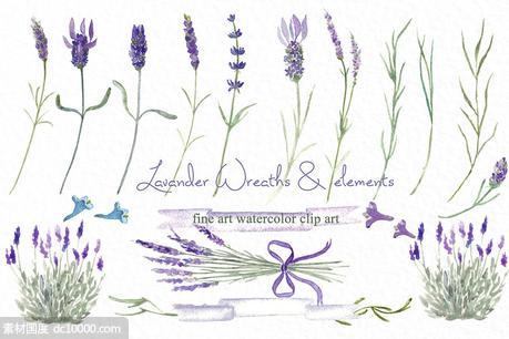 薰衣草水彩花卉设计素材 Lavender wreaths watercolor flowers - 源文件