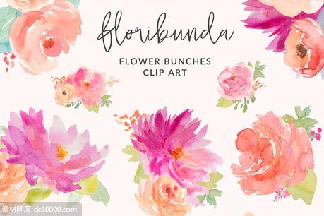 花束月季水彩花卉剪贴画 Floribunda Watercolor Flowers - 源文件