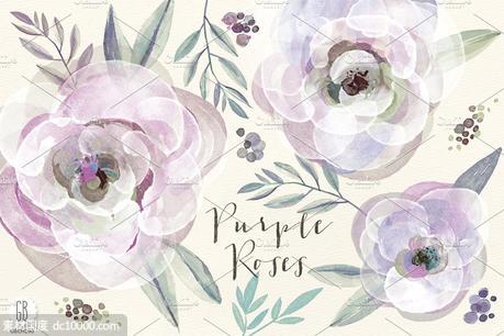 紫色玫瑰和树叶水彩剪贴画 Watercolor purple roses and leaves - 源文件