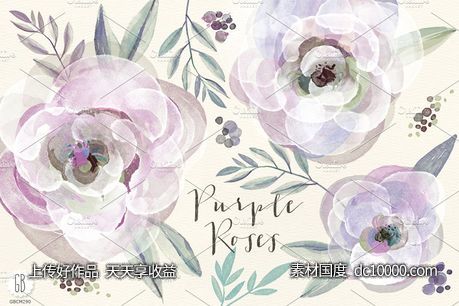 紫色玫瑰和树叶水彩剪贴画 Watercolor purple roses and leaves - 源文件