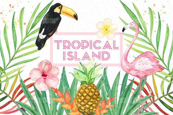 热带岛屿水彩剪贴画 Tropical islands  watercolor clipart